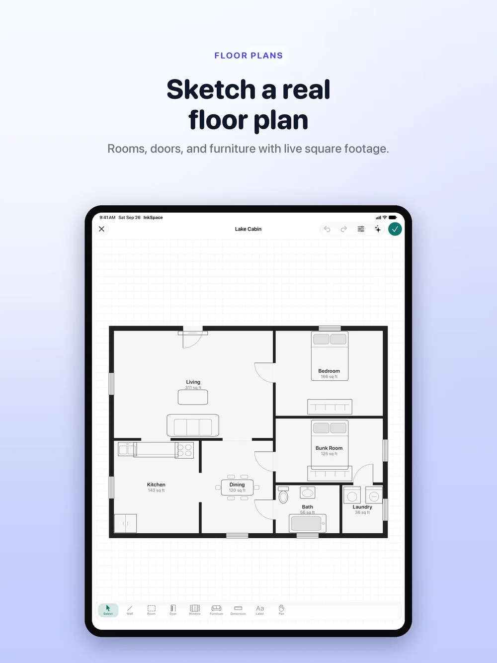 A Floor Plan with rooms, doors and furniture